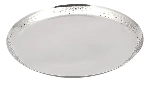 Big Size Stainless Steel Round Plate or Platter, 13.75" (35 cm), Border Hammered Finish