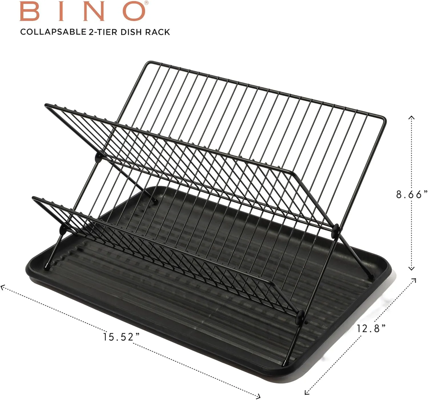 BINO 2-Tier Collapsible Dish Rack with Tray - Matte Black | Dish Drainer Kitchen Plate | Holders for Cups & Plates | Foldable Rack for Kitchen Countertop | Storage and Organization