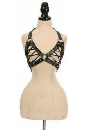 Black Faux Leather Lace-Up Bra Top - Black