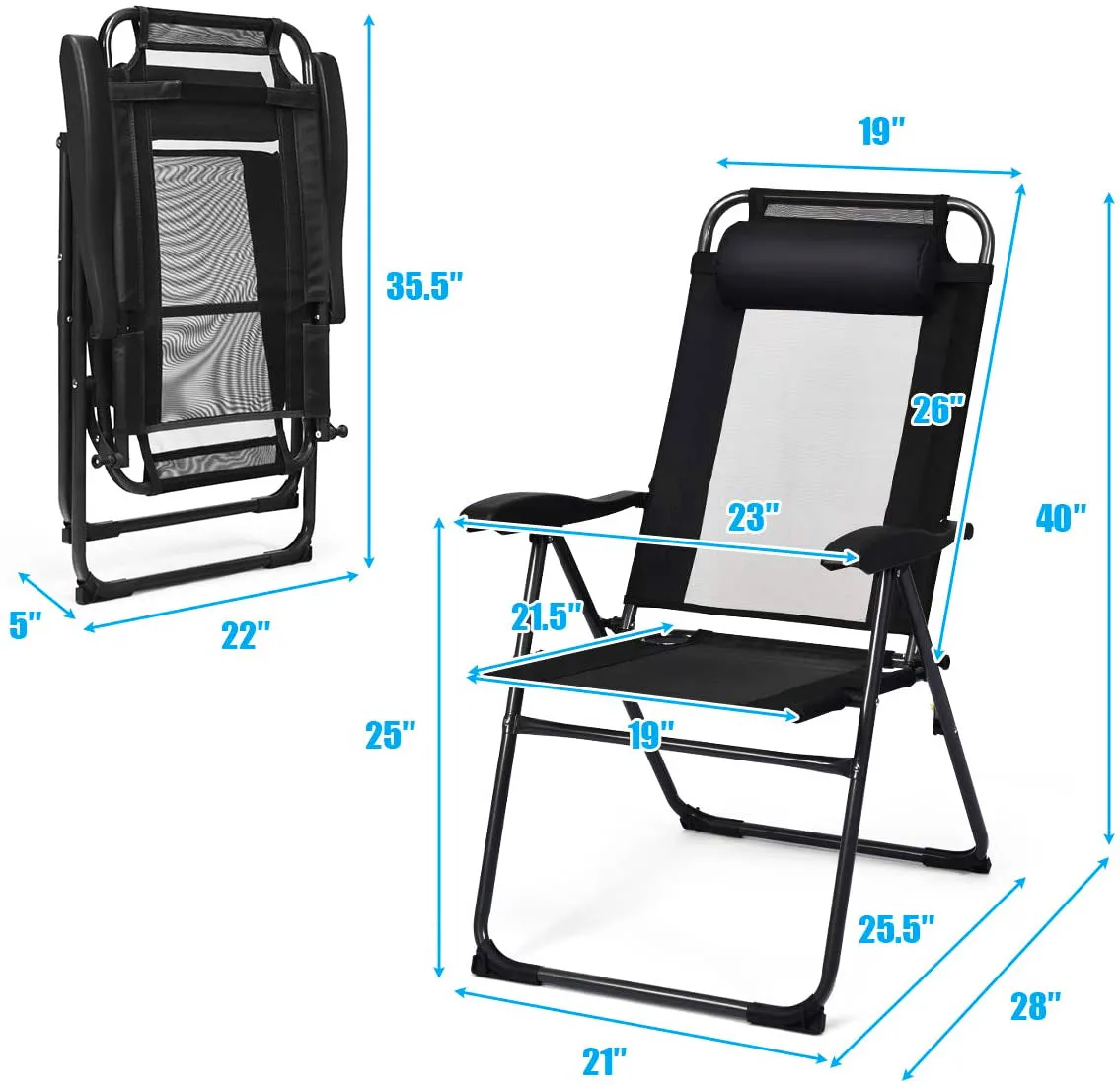 Black Folding Adjustable Reclining Metal Outdoor Lounge Chair in Black (Set of 2)