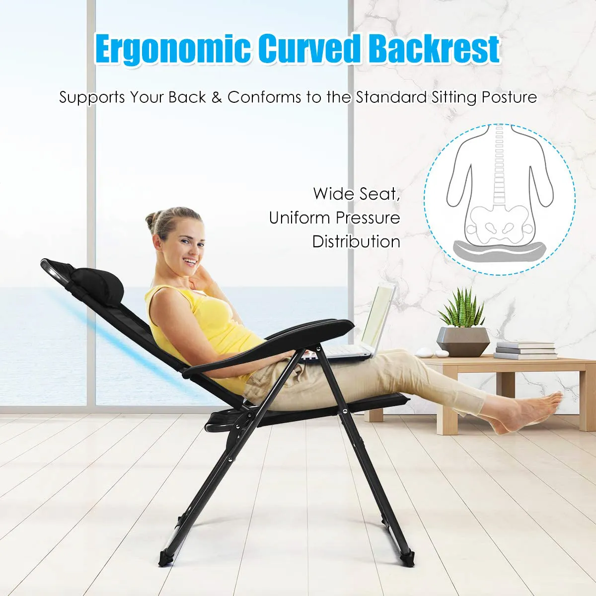 Black Folding Adjustable Reclining Metal Outdoor Lounge Chair in Black (Set of 2)