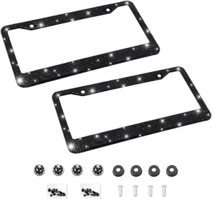 Bling 2PCS Car License Plate Frame, Handcrafted Crystal Stainless Steel License Plate Frame, Sparkly, Durable, Universal Fit, Car Accessories for Girls, Women (Black)