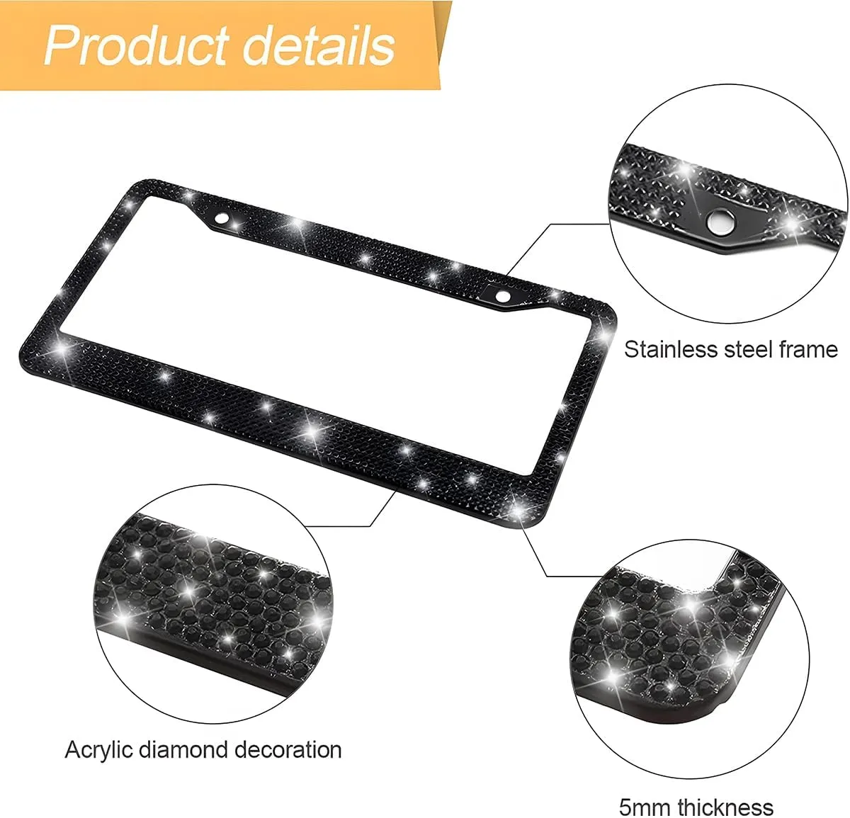 Bling 2PCS Car License Plate Frame, Handcrafted Crystal Stainless Steel License Plate Frame, Sparkly, Durable, Universal Fit, Car Accessories for Girls, Women (Black)