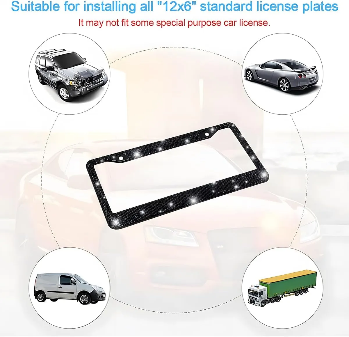 Bling 2PCS Car License Plate Frame, Handcrafted Crystal Stainless Steel License Plate Frame, Sparkly, Durable, Universal Fit, Car Accessories for Girls, Women (Black)
