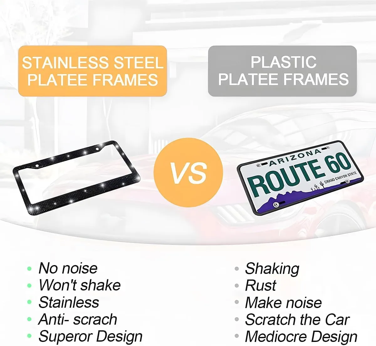 Bling 2PCS Car License Plate Frame, Handcrafted Crystal Stainless Steel License Plate Frame, Sparkly, Durable, Universal Fit, Car Accessories for Girls, Women (Black)