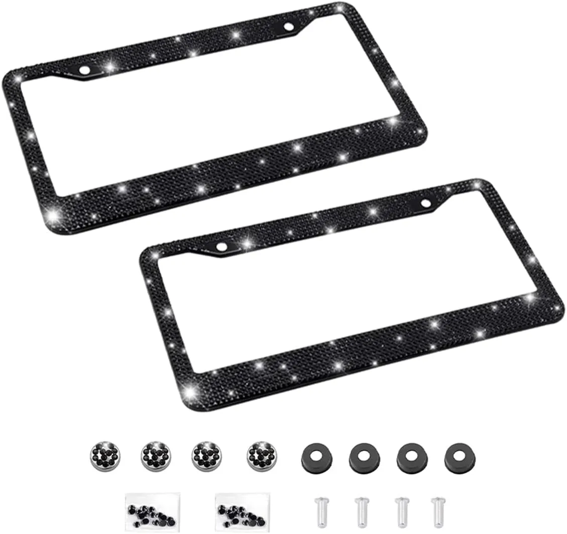 Bling 2PCS Car License Plate Frame, Handcrafted Crystal Stainless Steel License Plate Frame, Sparkly, Durable, Universal Fit, Car Accessories for Girls, Women (Black)