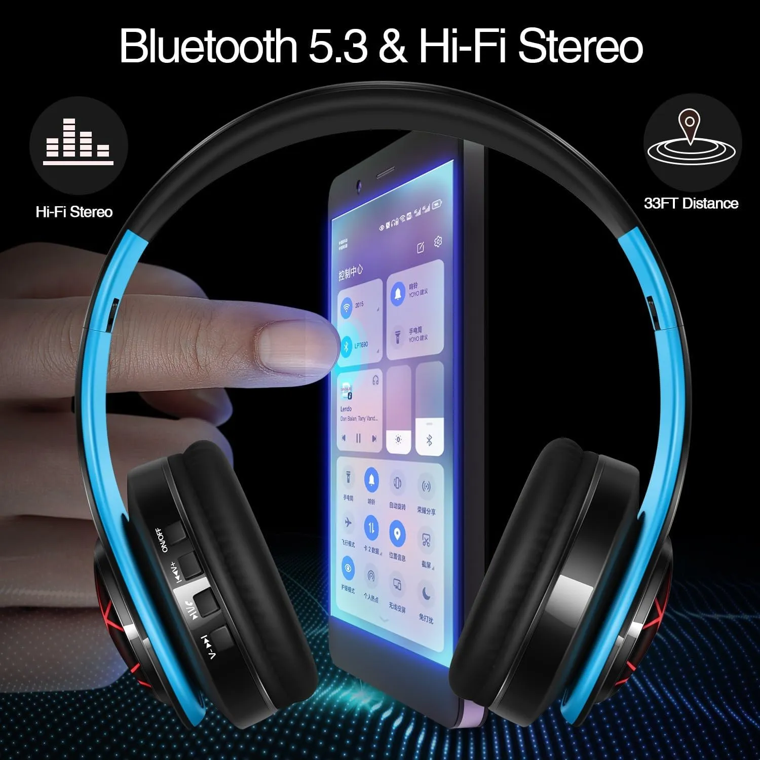Bluetooth Headphones, Chat- Comfortable Over Ear Stereo Headphones,7 Breathing Led Lights up, Wireless Headset for Adult Teen Kid for Phone/Samsung/Pad/PC/Android/Laptop/TV (Blue)