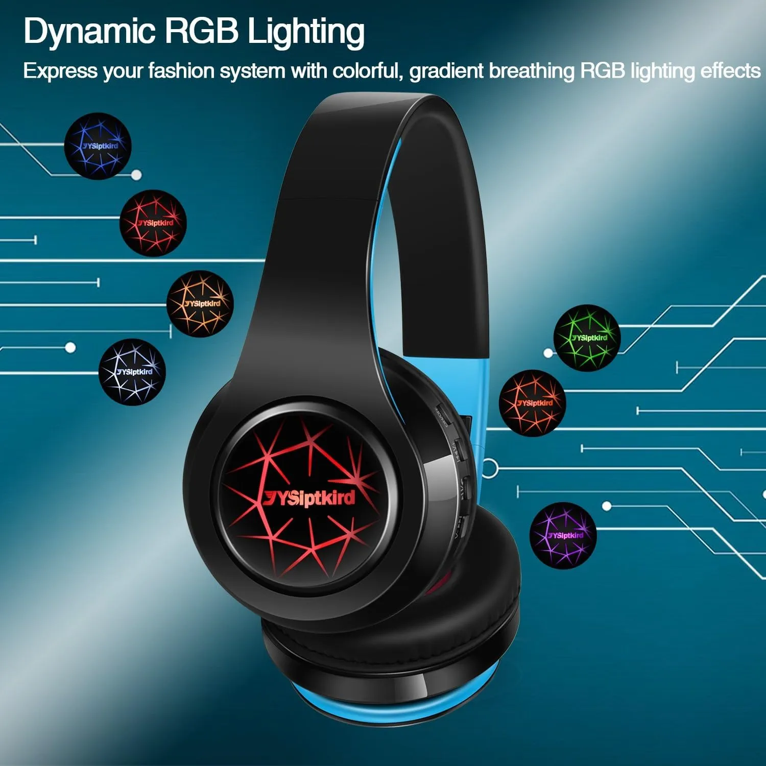 Bluetooth Headphones, Chat- Comfortable Over Ear Stereo Headphones,7 Breathing Led Lights up, Wireless Headset for Adult Teen Kid for Phone/Samsung/Pad/PC/Android/Laptop/TV (Blue)