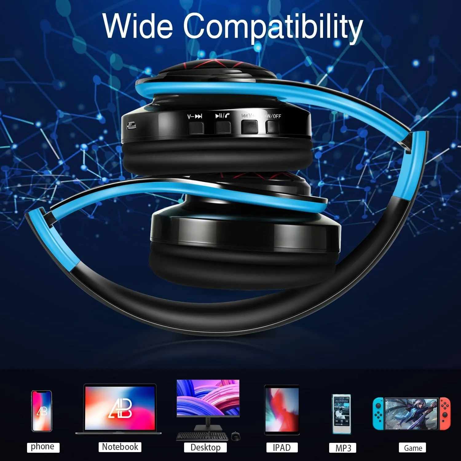 Bluetooth Headphones, Chat- Comfortable Over Ear Stereo Headphones,7 Breathing Led Lights up, Wireless Headset for Adult Teen Kid for Phone/Samsung/Pad/PC/Android/Laptop/TV (Blue)