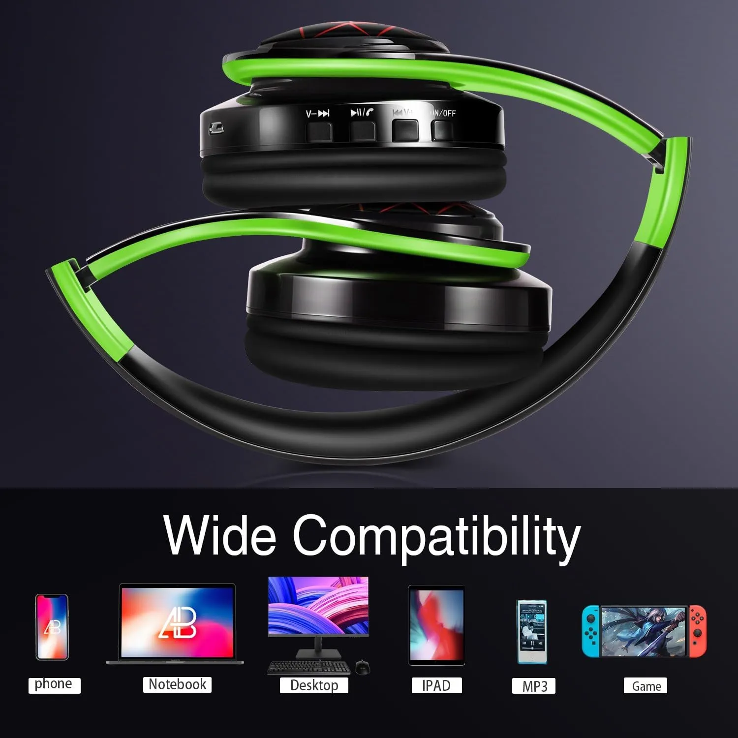 Bluetooth Headphones, Chat- Comfortable Over Ear Stereo Headphones,7 Breathing Led Lights up, Wireless Headset for Adult Teen Kid for Phone/Samsung/Pad/PC/Android/Laptop/TV (Green)