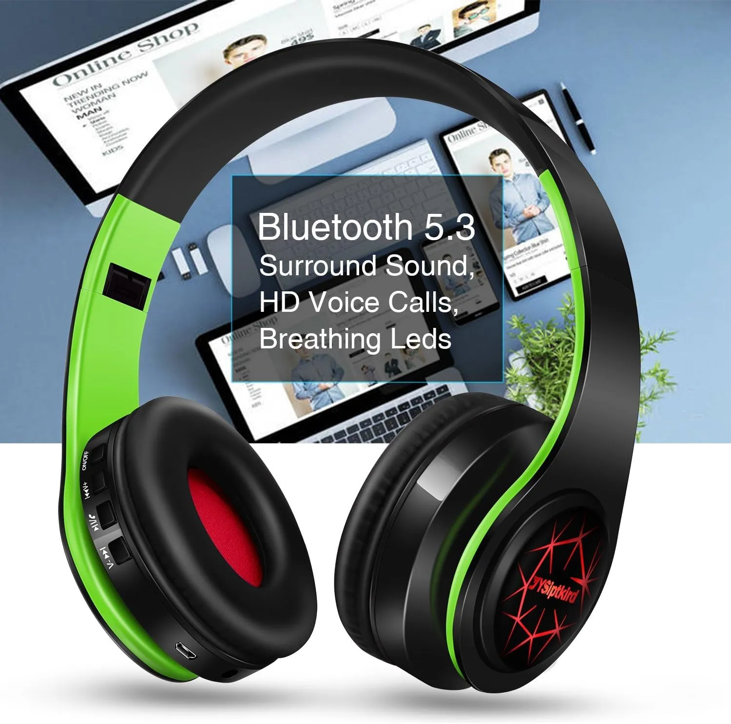 Bluetooth Headphones, Chat- Comfortable Over Ear Stereo Headphones,7 Breathing Led Lights up, Wireless Headset for Adult Teen Kid for Phone/Samsung/Pad/PC/Android/Laptop/TV (Green)