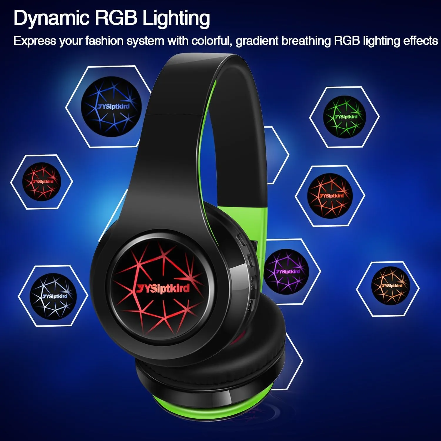 Bluetooth Headphones, Chat- Comfortable Over Ear Stereo Headphones,7 Breathing Led Lights up, Wireless Headset for Adult Teen Kid for Phone/Samsung/Pad/PC/Android/Laptop/TV (Green)
