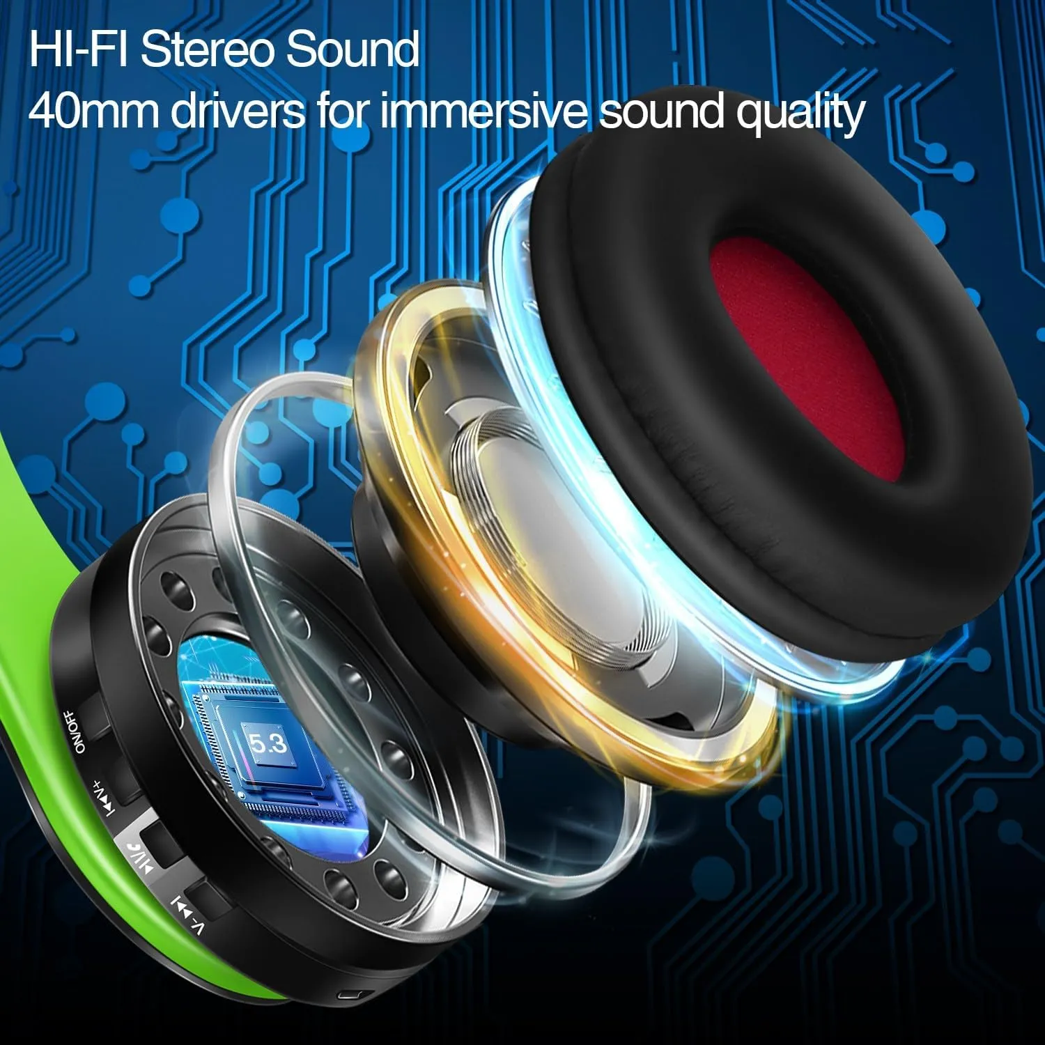 Bluetooth Headphones, Chat- Comfortable Over Ear Stereo Headphones,7 Breathing Led Lights up, Wireless Headset for Adult Teen Kid for Phone/Samsung/Pad/PC/Android/Laptop/TV (Green)