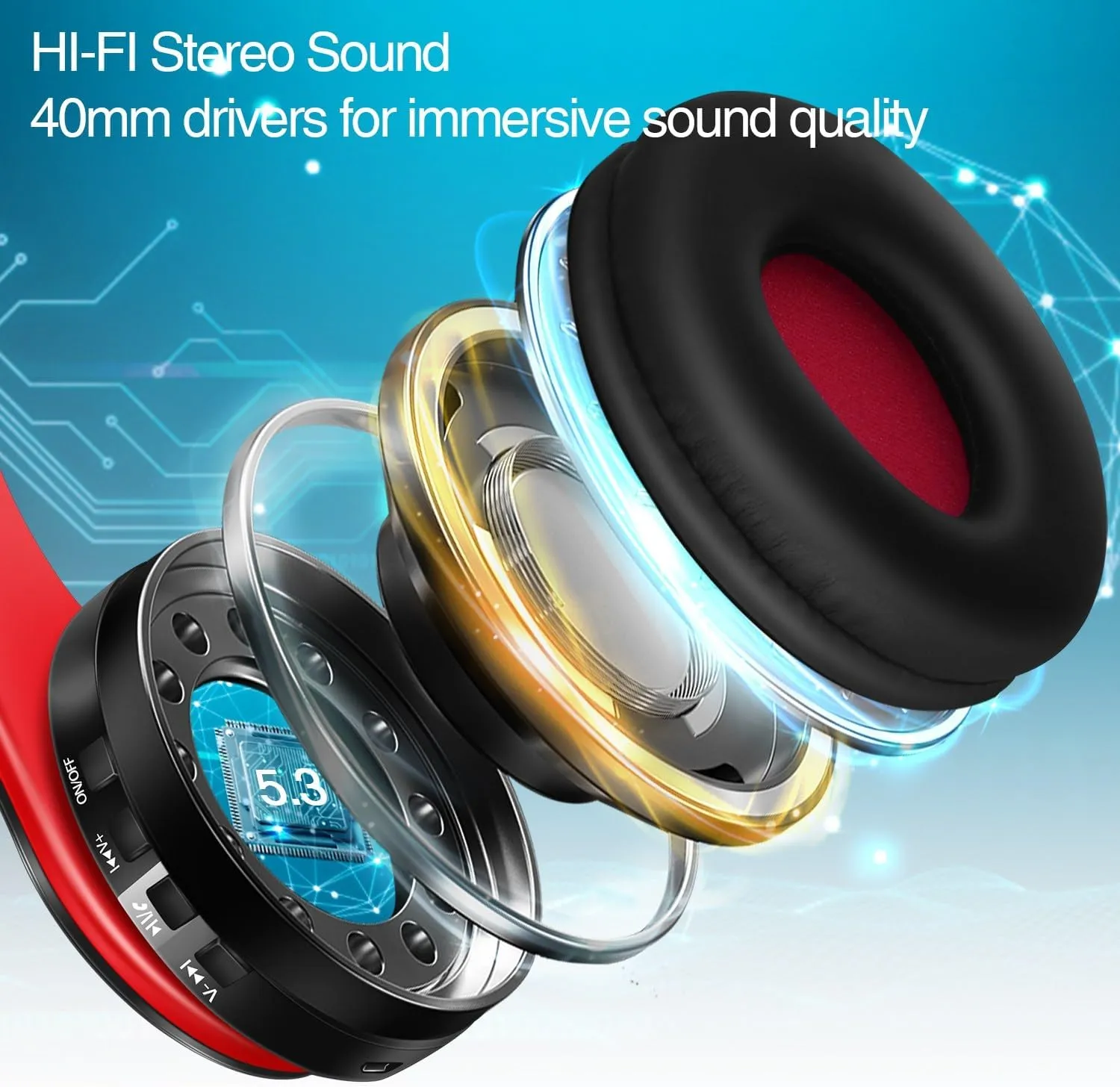 Bluetooth Headphones, Chat- Comfortable Over Ear Stereo Headphones,7 Breathing Led Lights up, Wireless Headset for Adult Teen Kid for Phone/Samsung/Pad/PC/Android/Laptop/TV (Red)