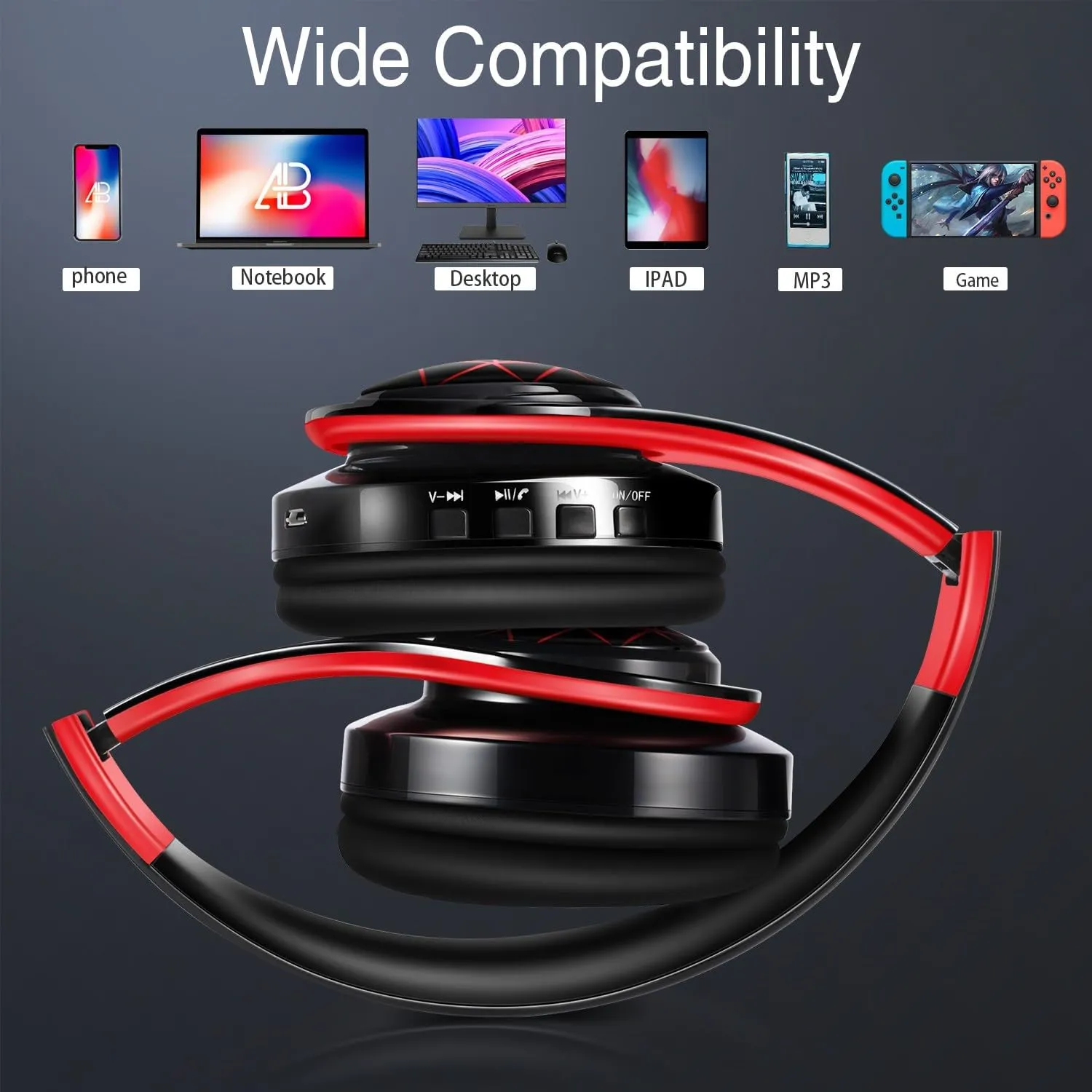 Bluetooth Headphones, Chat- Comfortable Over Ear Stereo Headphones,7 Breathing Led Lights up, Wireless Headset for Adult Teen Kid for Phone/Samsung/Pad/PC/Android/Laptop/TV (Red)