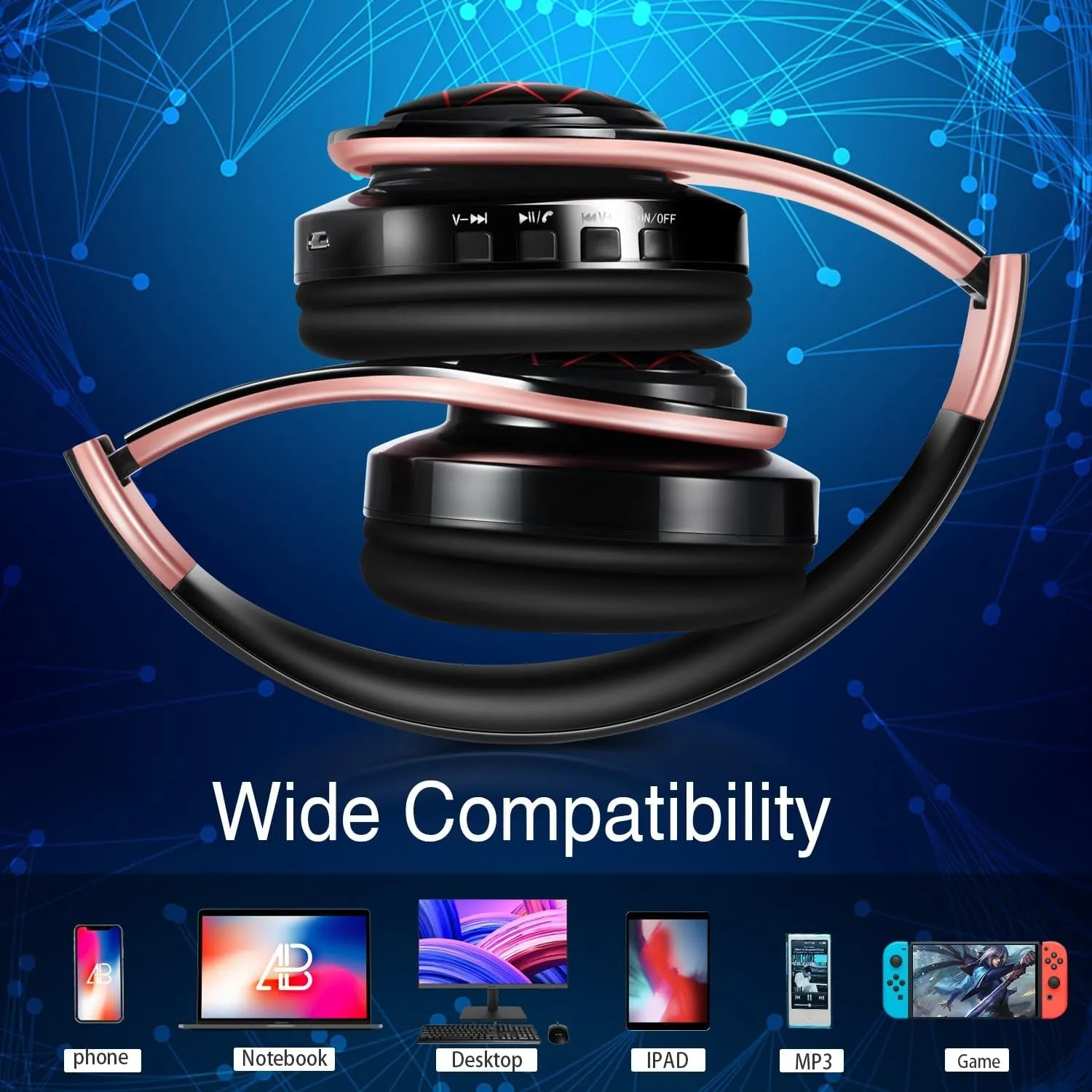 Bluetooth Headphones, Chat- Comfortable Over Ear Stereo Headphones,7 Breathing Led Lights up, Wireless Headset for Adult Teen Kid for Phone/Samsung/Pad/PC/Android/Laptop/TV (Rosegold)