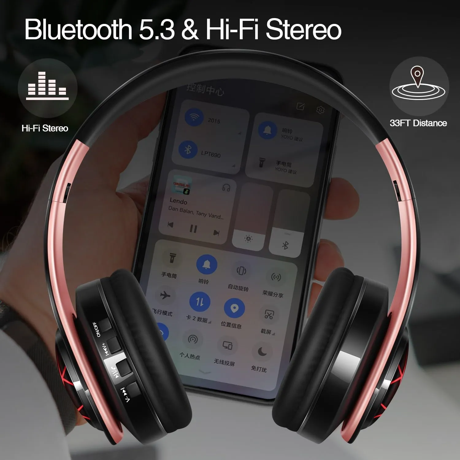 Bluetooth Headphones, Chat- Comfortable Over Ear Stereo Headphones,7 Breathing Led Lights up, Wireless Headset for Adult Teen Kid for Phone/Samsung/Pad/PC/Android/Laptop/TV (Rosegold)