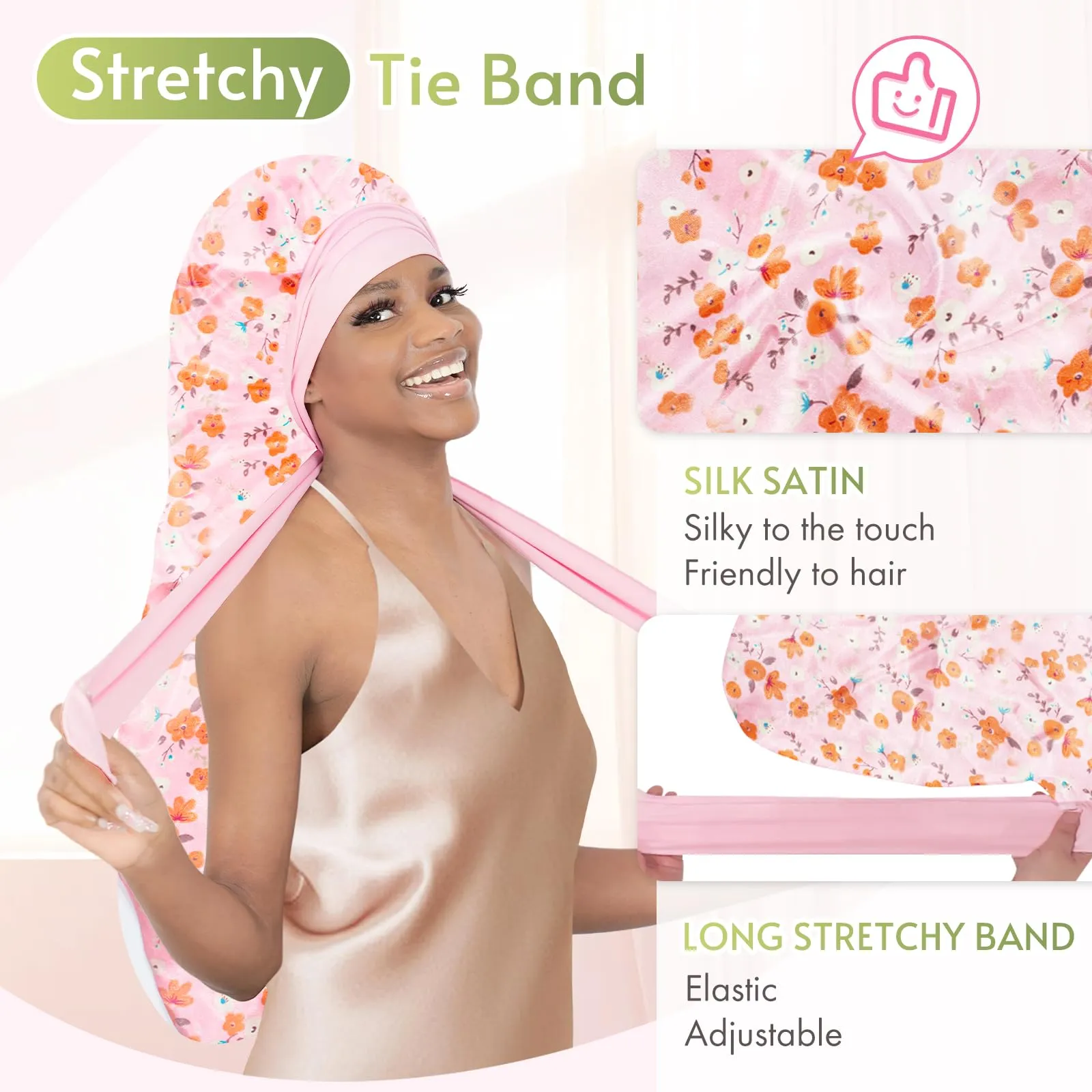 BONNET QUEEN Braid Bonnet Silk Bonnet Extra Long Bonnet for Braids Black Pink Floral