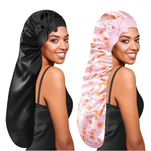 BONNET QUEEN Braid Bonnet Silk Bonnet Extra Long Bonnet for Braids Black Pink Floral
