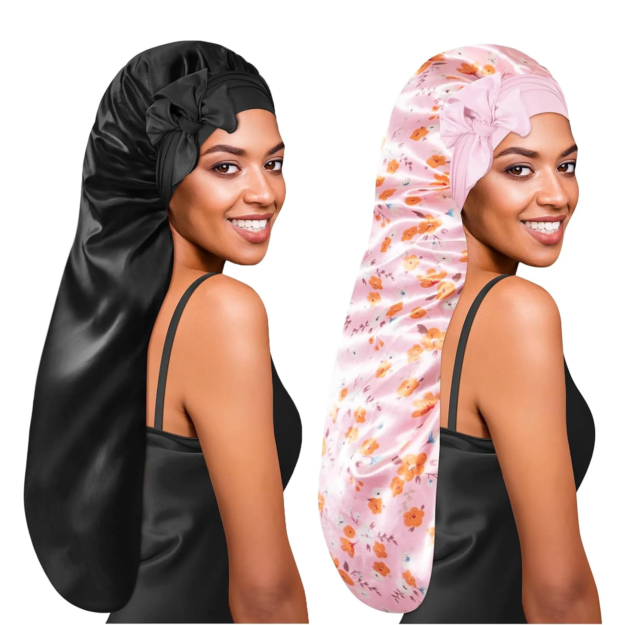 BONNET QUEEN Braid Bonnet Silk Bonnet Extra Long Bonnet for Braids Black Pink Floral