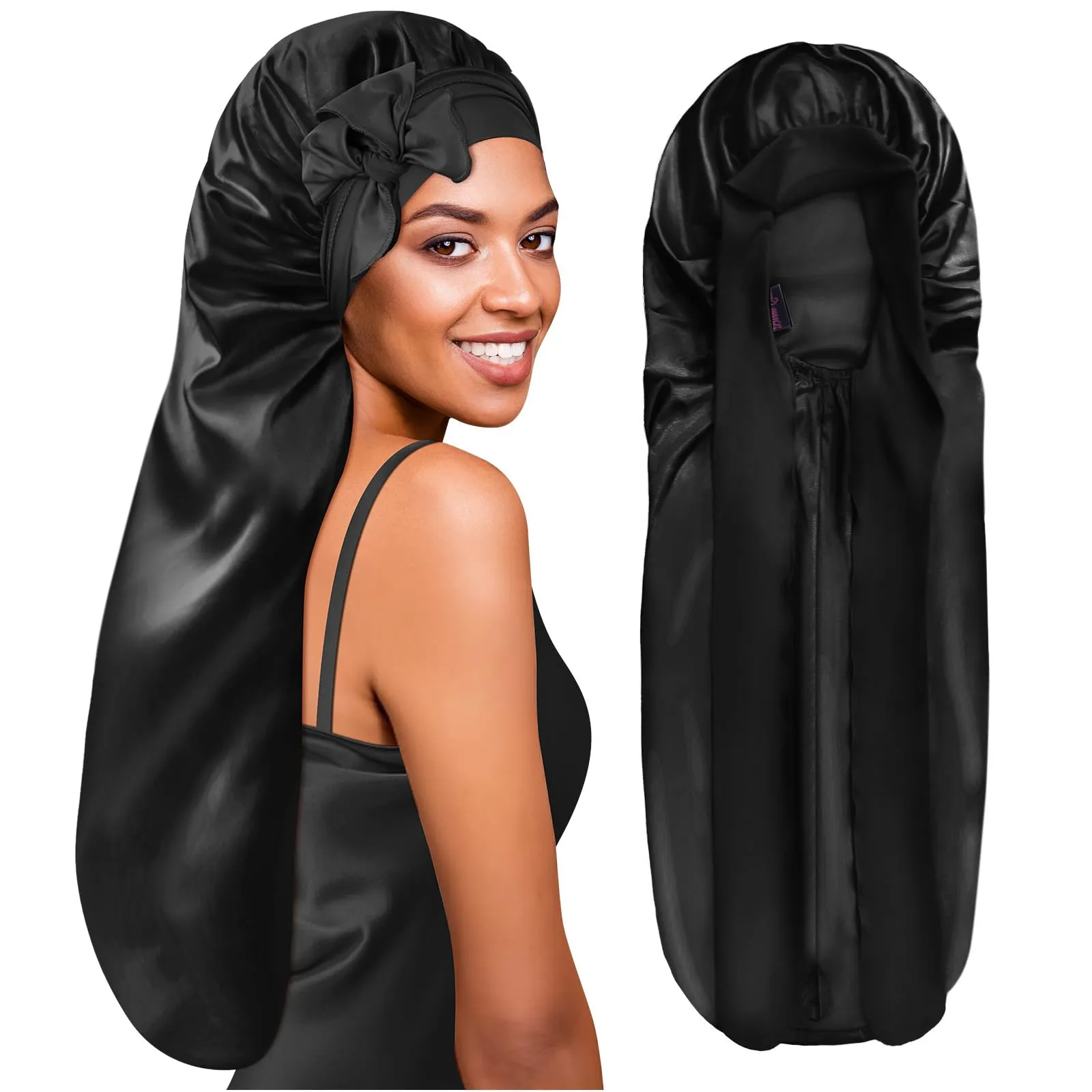 BONNET QUEEN Braid Bonnet Silk Bonnet Extra Long Bonnet for Braids Black Pink Floral