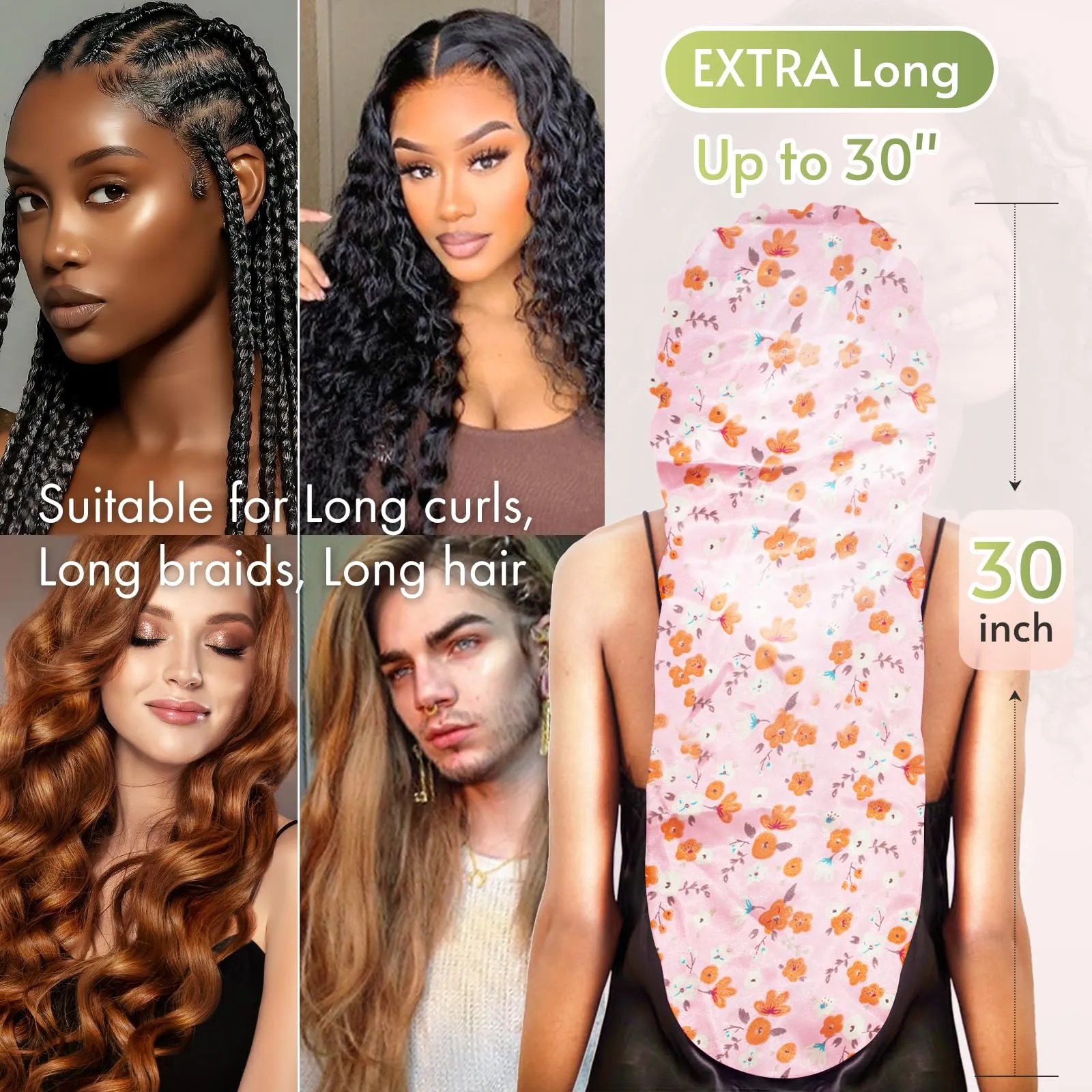 BONNET QUEEN Braid Bonnet Silk Bonnet Extra Long Bonnet for Braids Black Pink Floral