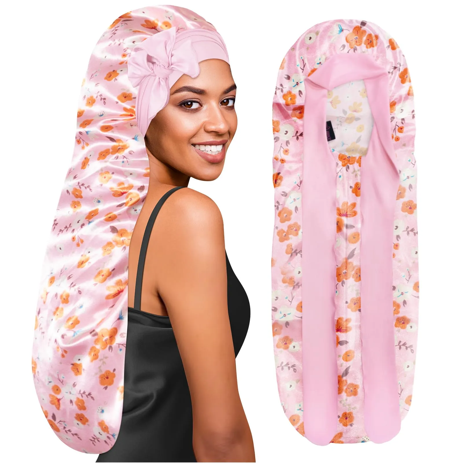 BONNET QUEEN Braid Bonnet Silk Bonnet Extra Long Bonnet for Braids Black Pink Floral