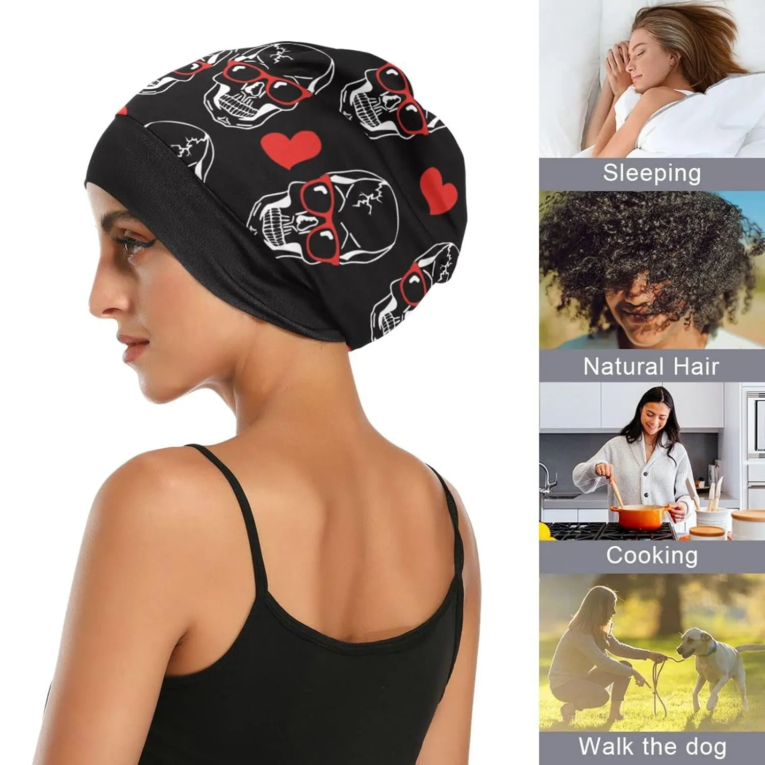 Bonnet Sleep Hair Wrap Cover for Sleeping - Satin Lined Head Wrap, Nurse Cap, Night Slouchy Beanie for Men Women - Skull Red Heart