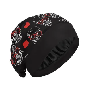 Bonnet Sleep Hair Wrap Cover for Sleeping - Satin Lined Head Wrap, Nurse Cap, Night Slouchy Beanie for Men Women - Skull Red Heart