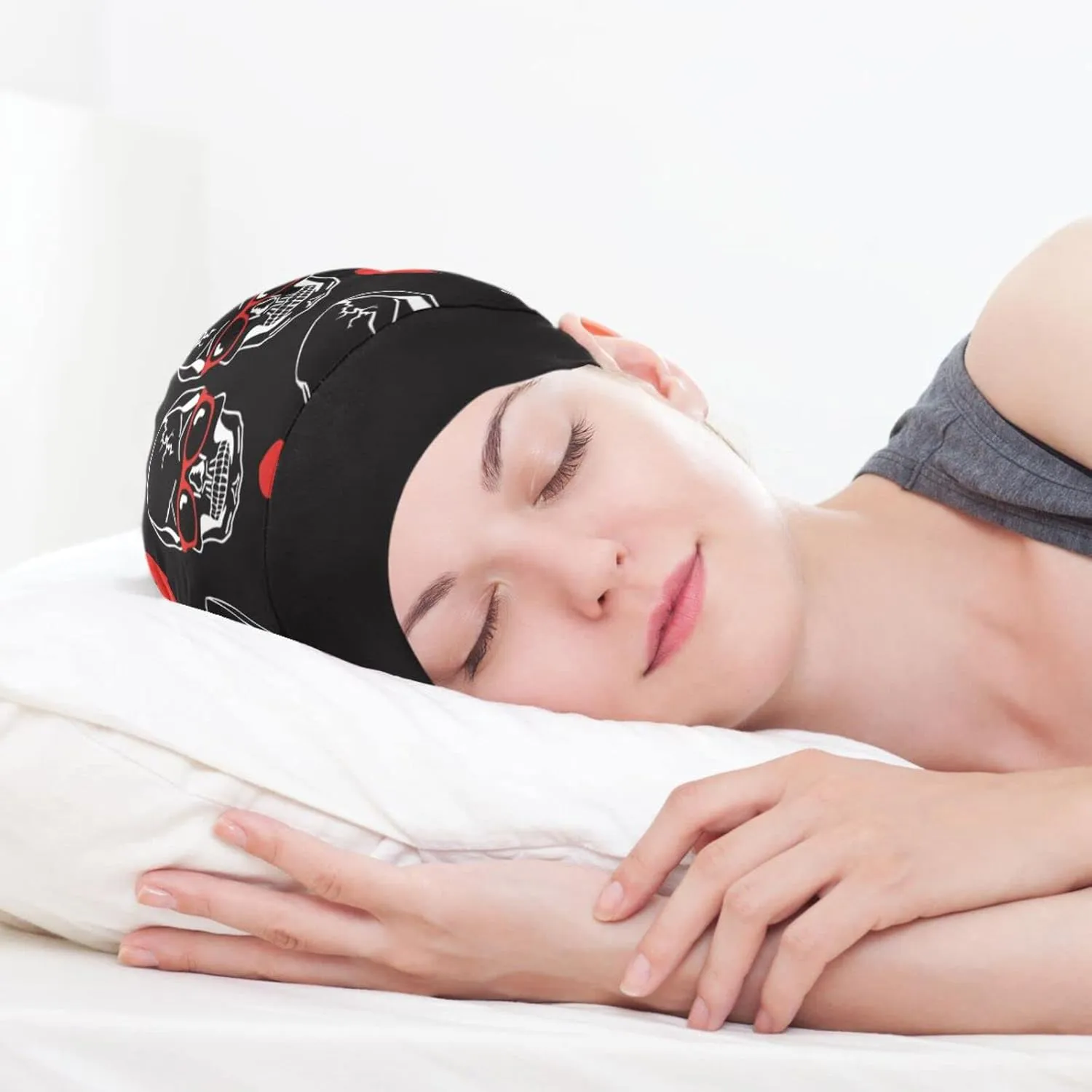 Bonnet Sleep Hair Wrap Cover for Sleeping - Satin Lined Head Wrap, Nurse Cap, Night Slouchy Beanie for Men Women - Skull Red Heart