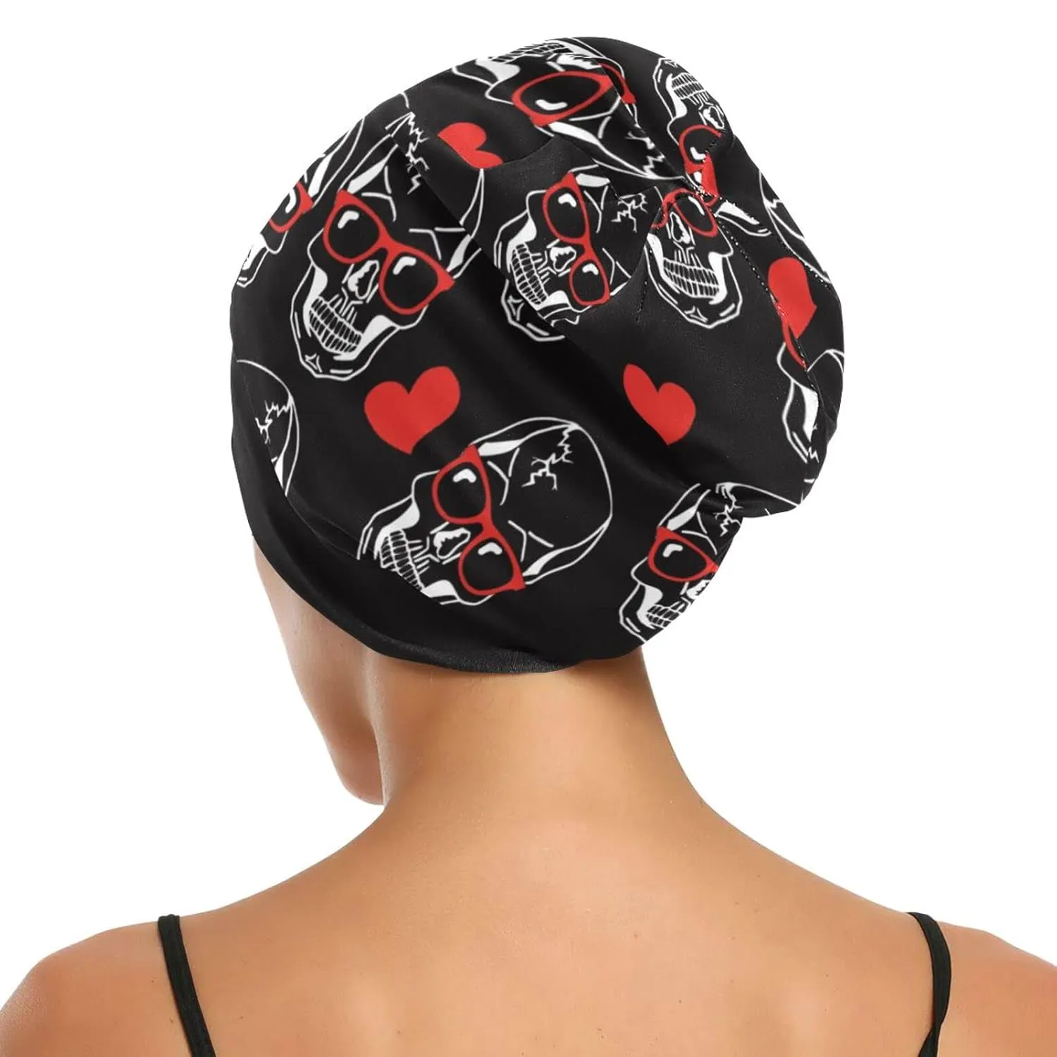 Bonnet Sleep Hair Wrap Cover for Sleeping - Satin Lined Head Wrap, Nurse Cap, Night Slouchy Beanie for Men Women - Skull Red Heart