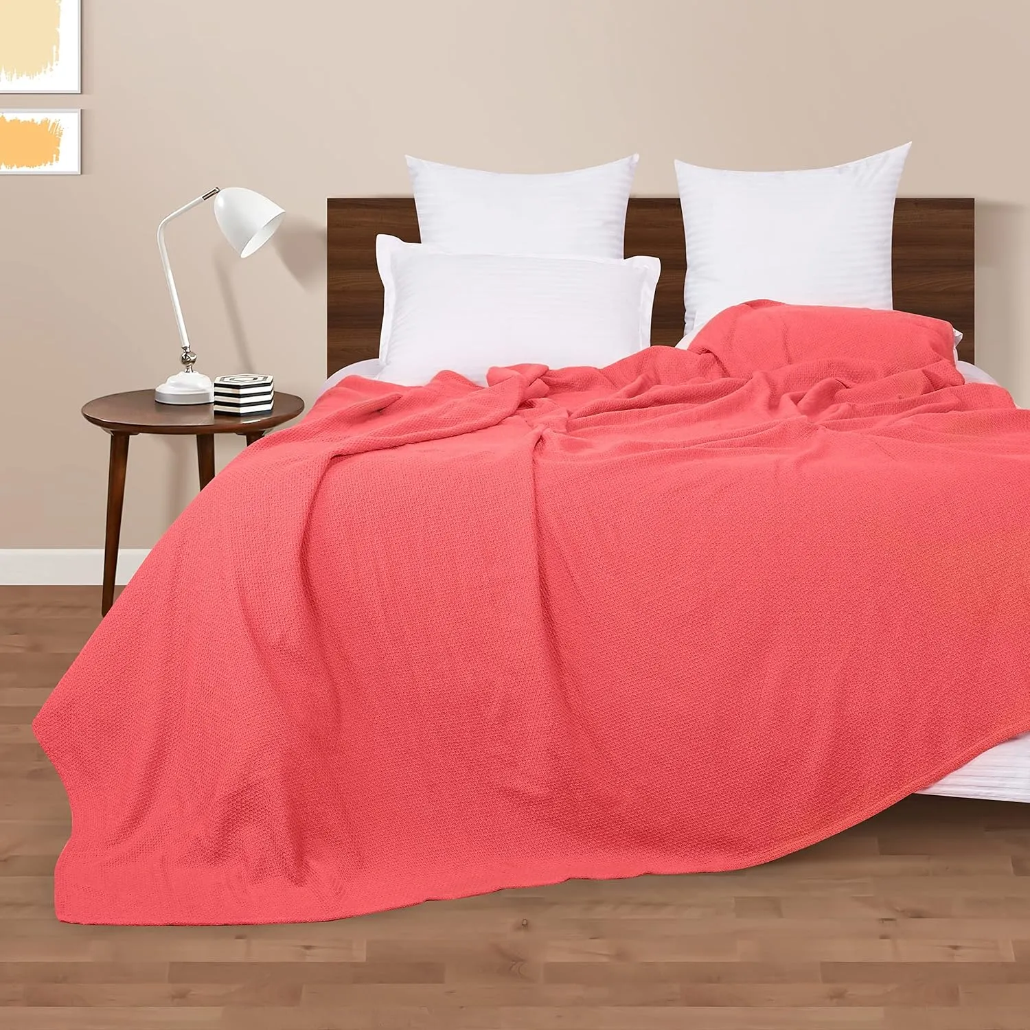 BOUTIQUO 100% Cotton Bed Blanket, Breathable Thermal Blanket Twin Size, Soft Honeycomb Waffle Blanket 60"x90", Cotton Bed Blanket, Perfect for Layering Any Bed for All Season, Coral