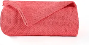 BOUTIQUO 100% Cotton Bed Blanket, Breathable Thermal Blanket Twin Size, Soft Honeycomb Waffle Blanket 60"x90", Cotton Bed Blanket, Perfect for Layering Any Bed for All Season, Coral