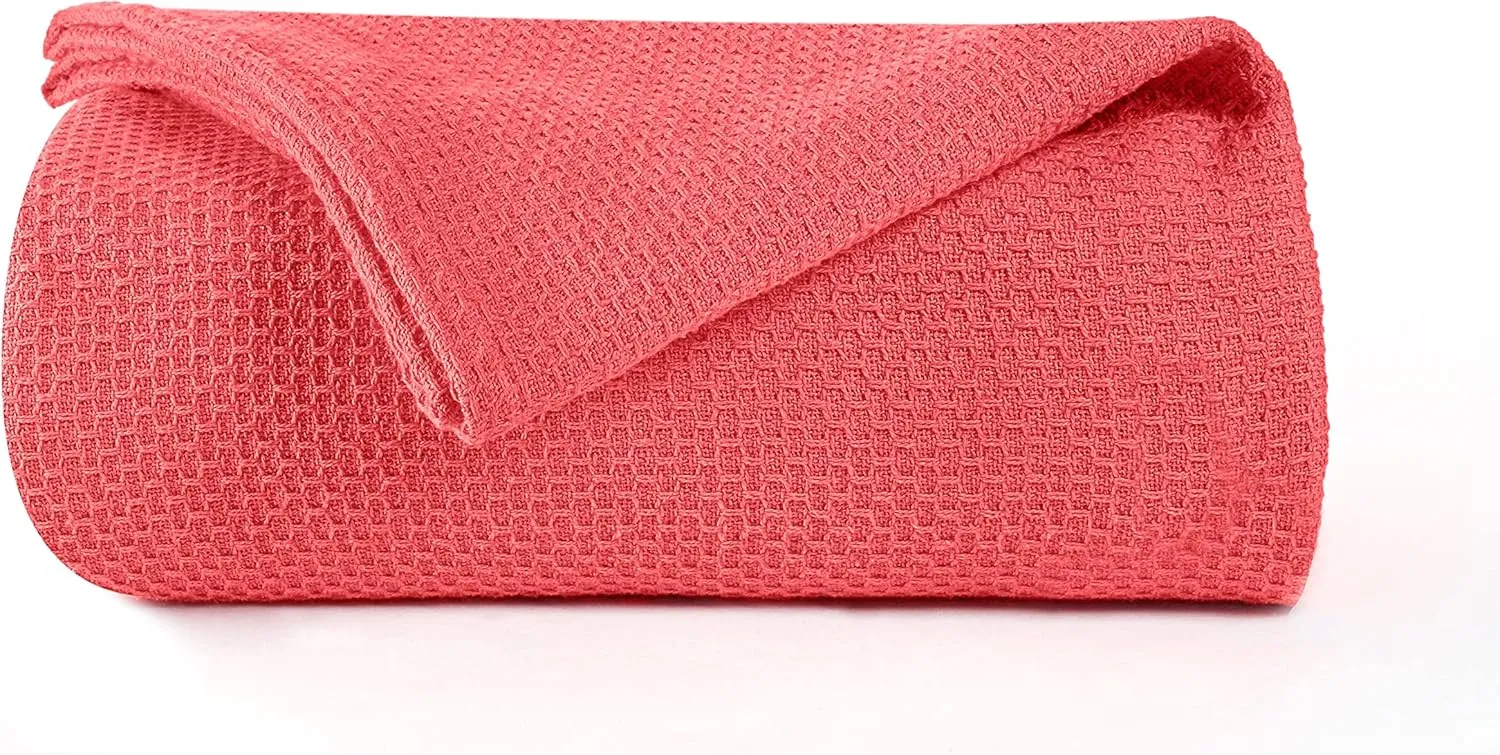 BOUTIQUO 100% Cotton Bed Blanket, Breathable Thermal Blanket Twin Size, Soft Honeycomb Waffle Blanket 60"x90", Cotton Bed Blanket, Perfect for Layering Any Bed for All Season, Coral