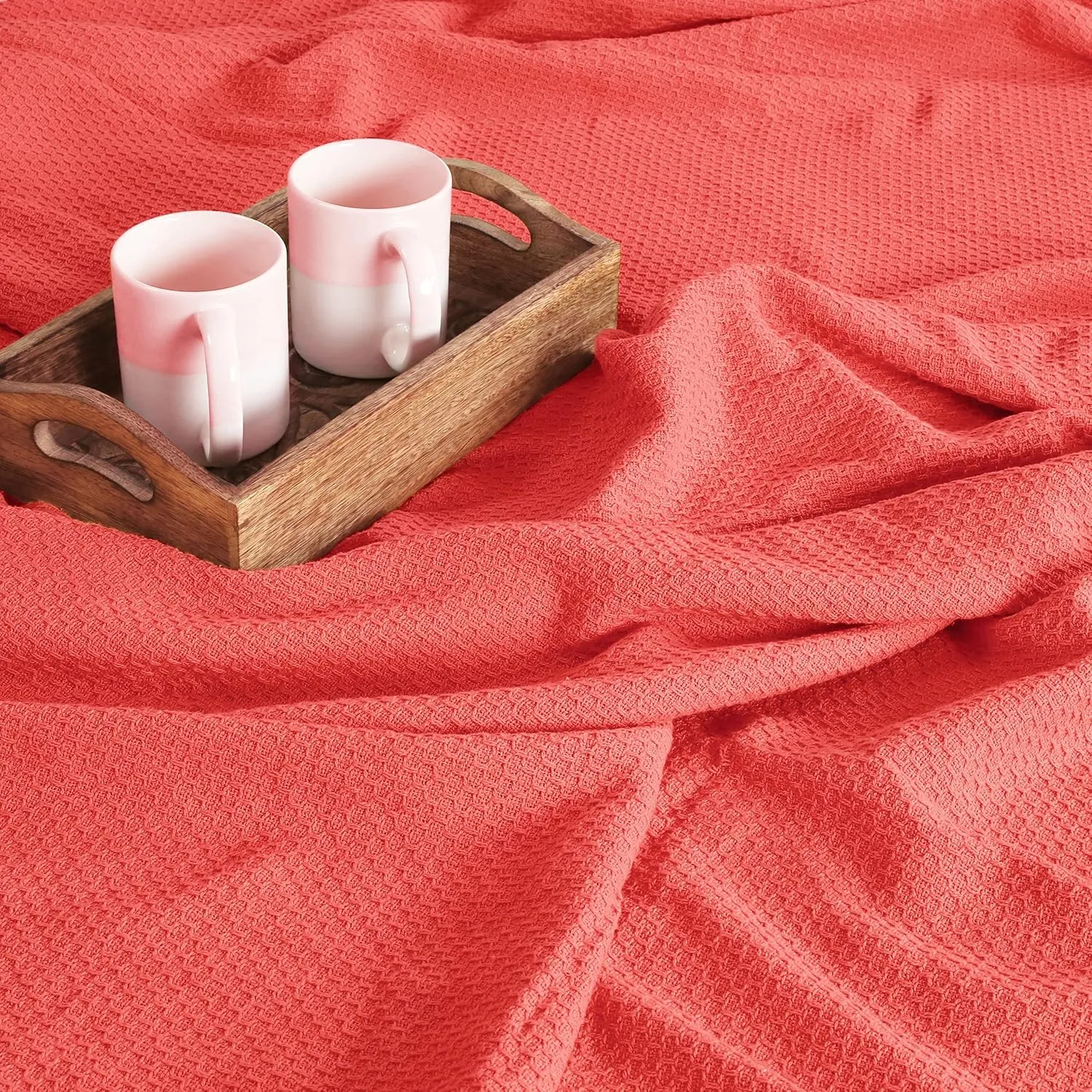 BOUTIQUO 100% Cotton Bed Blanket, Breathable Thermal Blanket Twin Size, Soft Honeycomb Waffle Blanket 60"x90", Cotton Bed Blanket, Perfect for Layering Any Bed for All Season, Coral