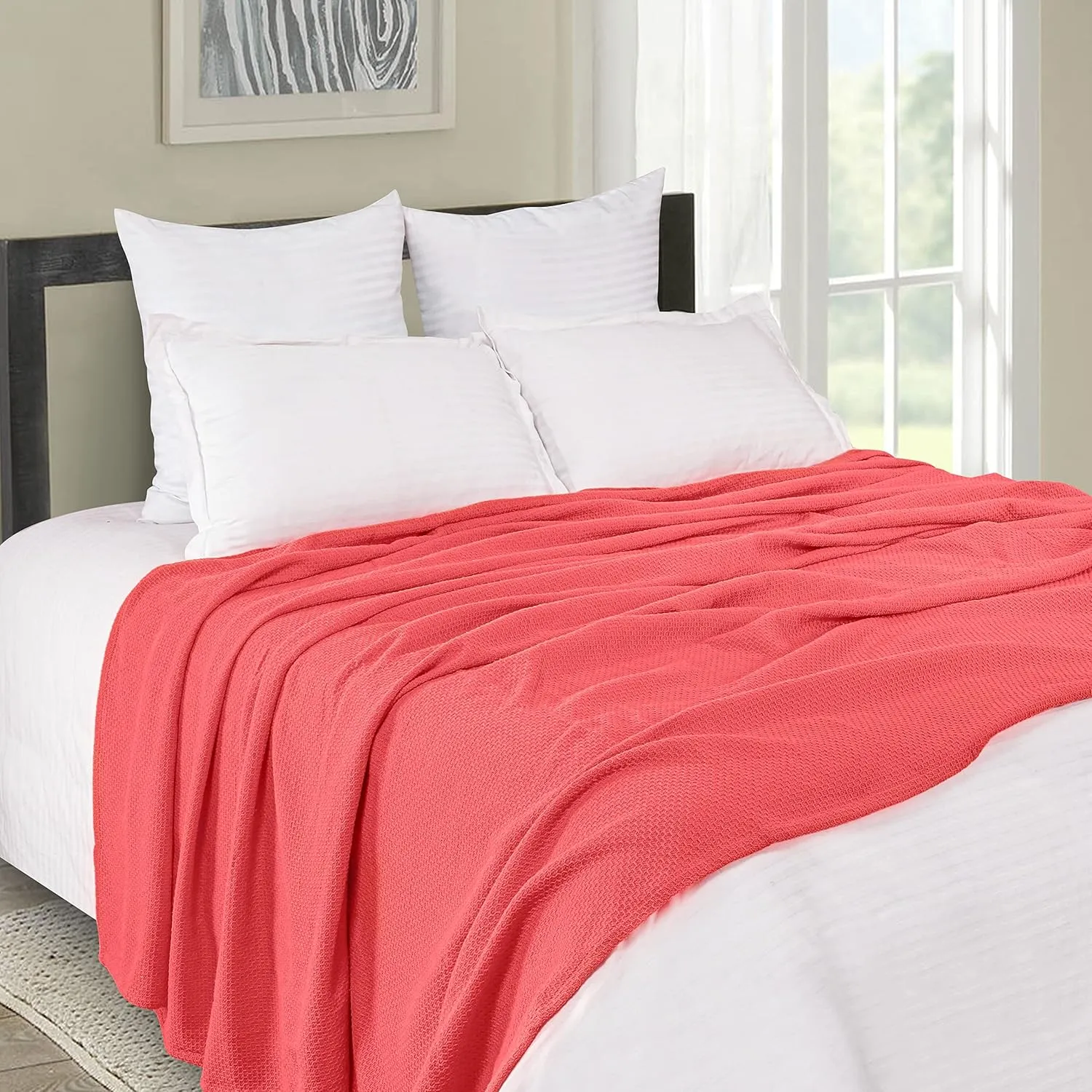 BOUTIQUO 100% Cotton Bed Blanket, Breathable Thermal Blanket Twin Size, Soft Honeycomb Waffle Blanket 60"x90", Cotton Bed Blanket, Perfect for Layering Any Bed for All Season, Coral