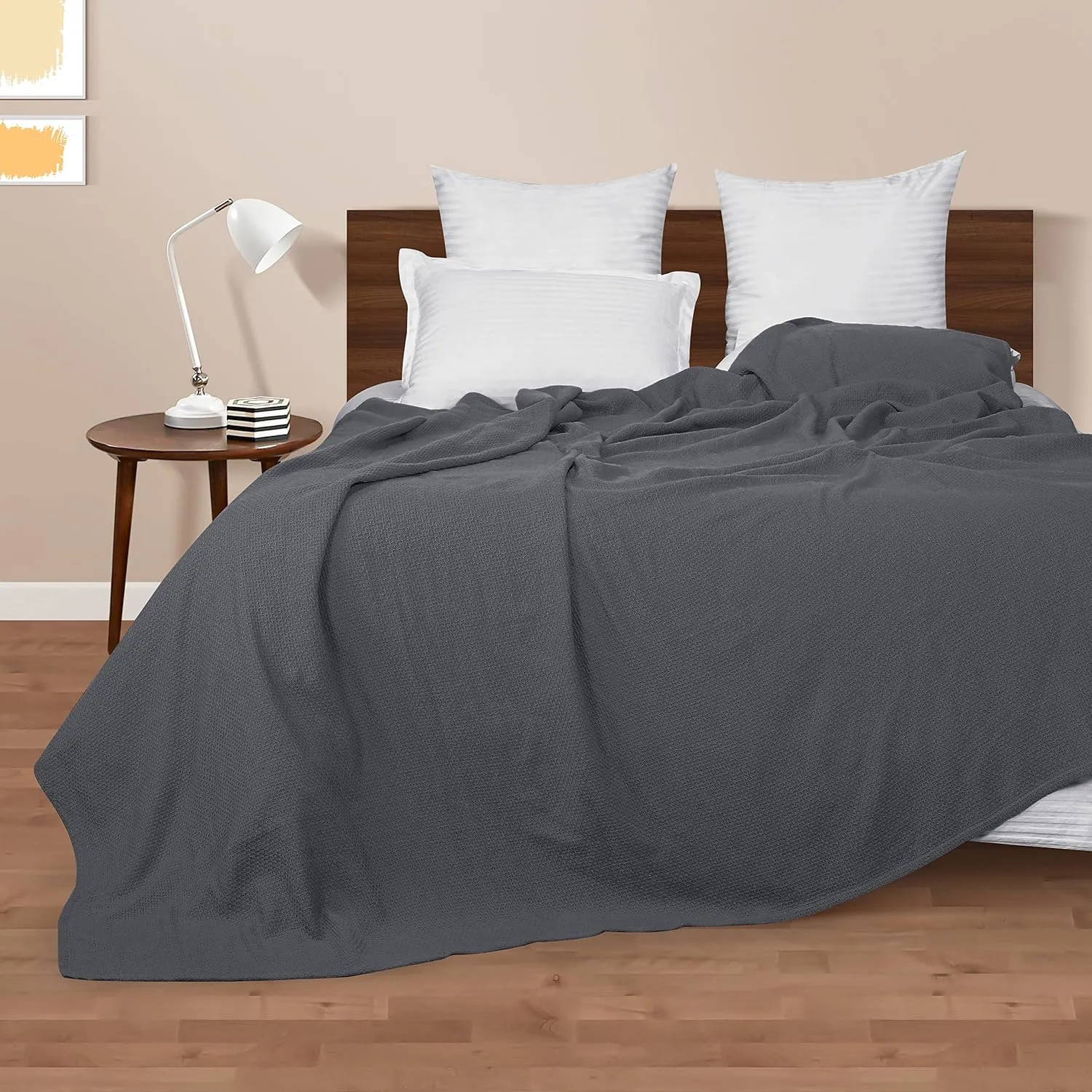 BOUTIQUO 100% Cotton Bed Blanket, Breathable Thermal Twin Size, Soft Honeycomb Waffle Blanket 60"x90", Perfect for Layering Any Bed for All Season, Charcoal Grey