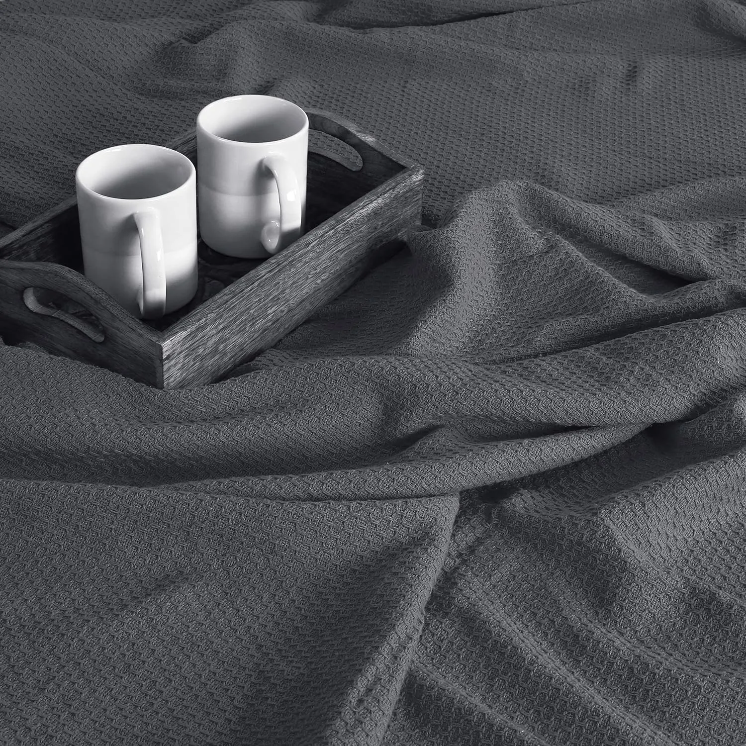 BOUTIQUO 100% Cotton Bed Blanket, Breathable Thermal Twin Size, Soft Honeycomb Waffle Blanket 60"x90", Perfect for Layering Any Bed for All Season, Charcoal Grey