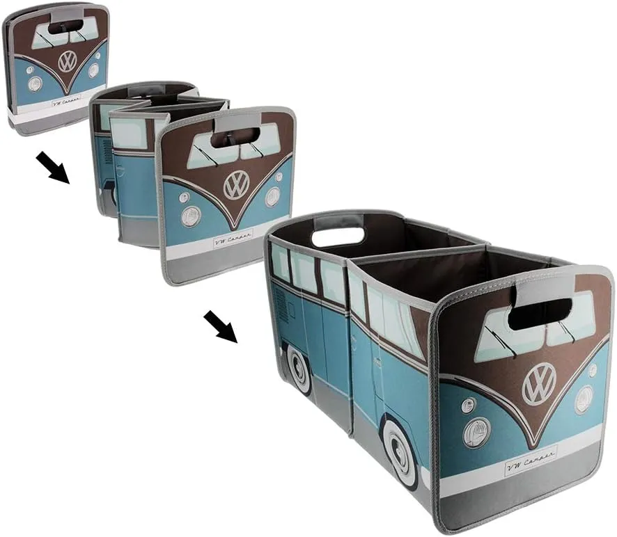 BRISA VW Collection - Volkswagen Foldable Storage Trunk Box Bag for Grocery Shopping in VW T1 Bus Campervan Shape (Classic Bus/Petrol & Brown)