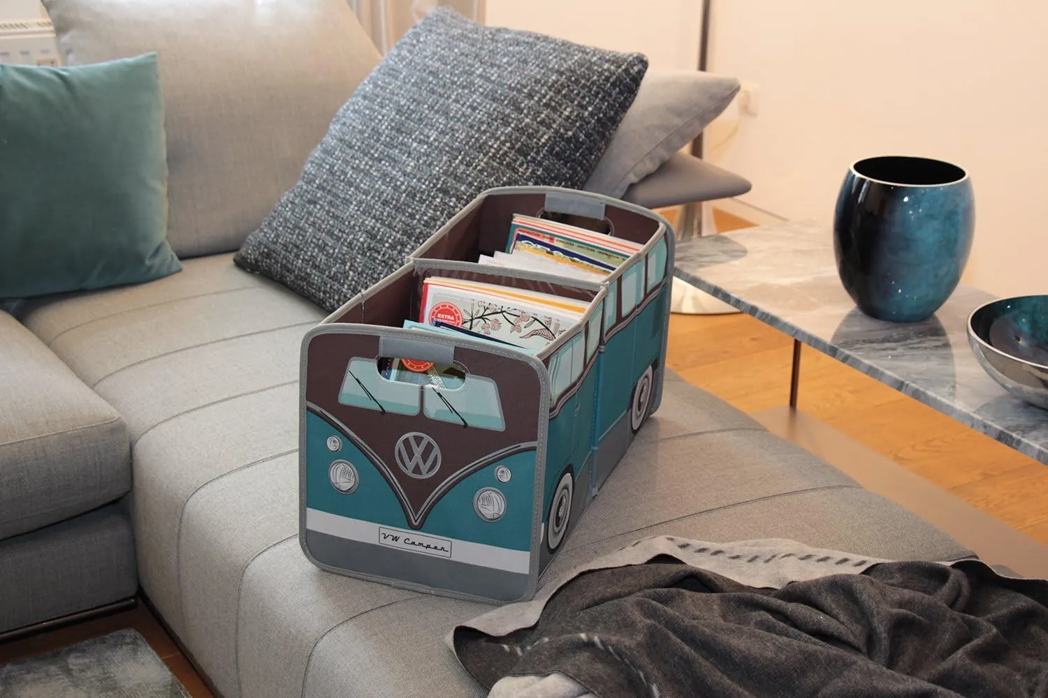 BRISA VW Collection - Volkswagen Foldable Storage Trunk Box Bag for Grocery Shopping in VW T1 Bus Campervan Shape (Classic Bus/Petrol & Brown)