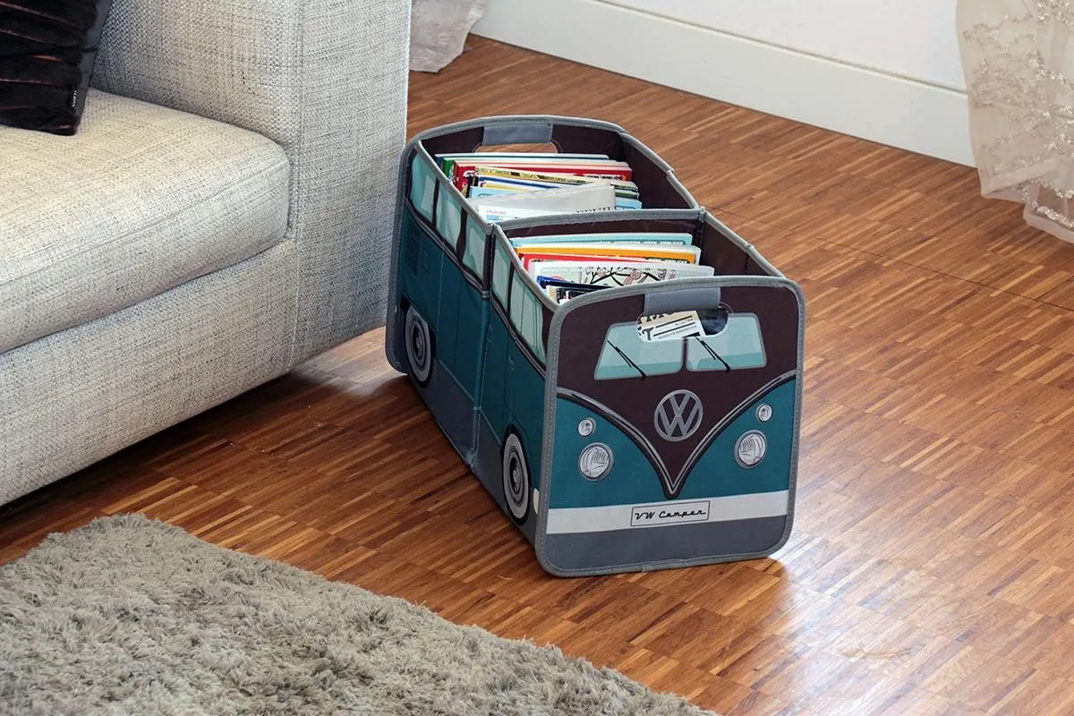 BRISA VW Collection - Volkswagen Foldable Storage Trunk Box Bag for Grocery Shopping in VW T1 Bus Campervan Shape (Classic Bus/Petrol & Brown)