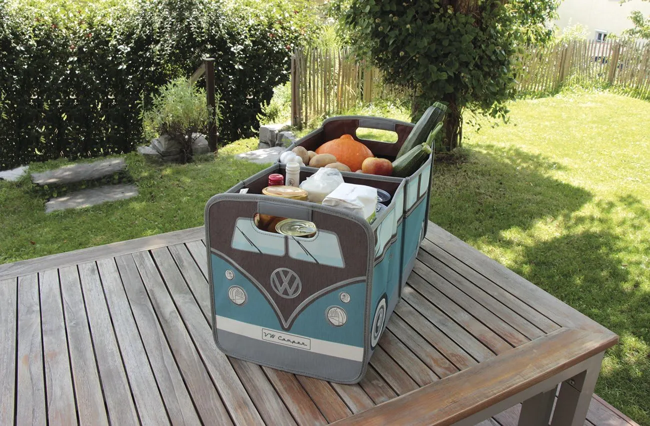 BRISA VW Collection - Volkswagen Foldable Storage Trunk Box Bag for Grocery Shopping in VW T1 Bus Campervan Shape (Classic Bus/Petrol & Brown)