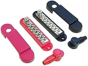 Busbar – 12-Point Power Distribution Block (240A Rating) - #8 Terminal Screws & 1/4" Stud – Pair of Red & Black Bus Bar