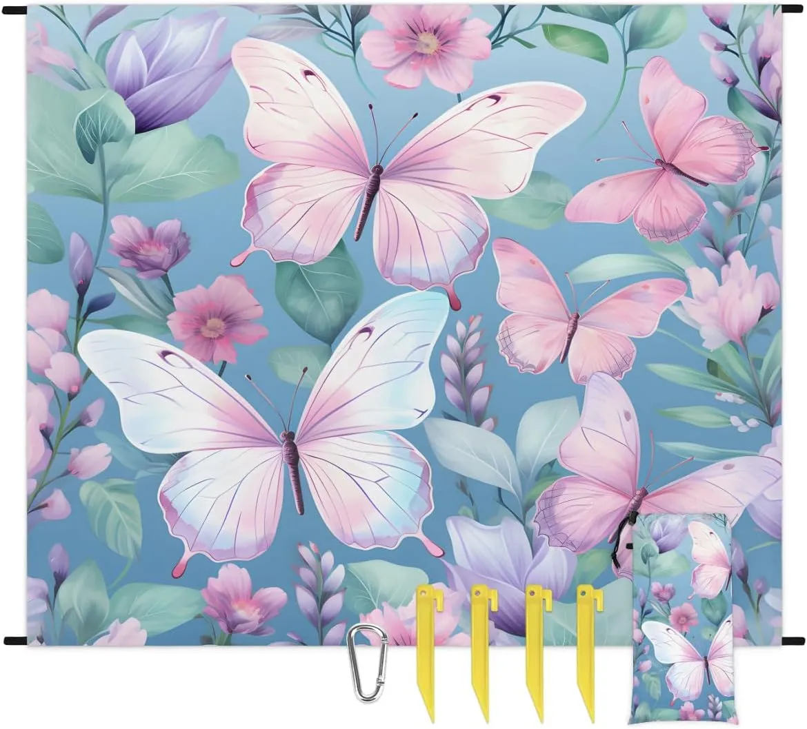 Butterfly Beach Blanket, Sandproof Beach Mat, 68 x 59 Waterproof Quick Drying Sand Free Mat with 4 x Ground Spikes for Outdoor Travel Camping Hiking, Wild Flowers