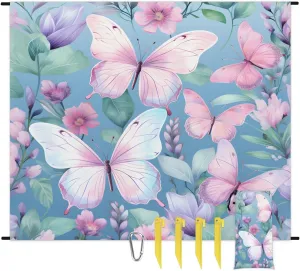Butterfly Beach Blanket, Sandproof Beach Mat, 68 x 59 Waterproof Quick Drying Sand Free Mat with 4 x Ground Spikes for Outdoor Travel Camping Hiking, Wild Flowers
