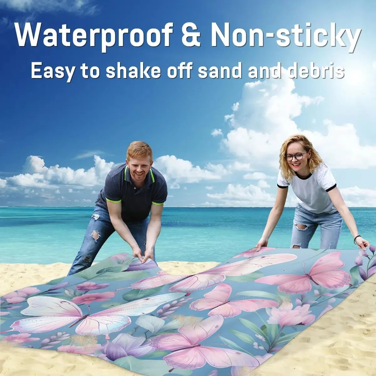 Butterfly Beach Blanket, Sandproof Beach Mat, 68 x 59 Waterproof Quick Drying Sand Free Mat with 4 x Ground Spikes for Outdoor Travel Camping Hiking, Wild Flowers