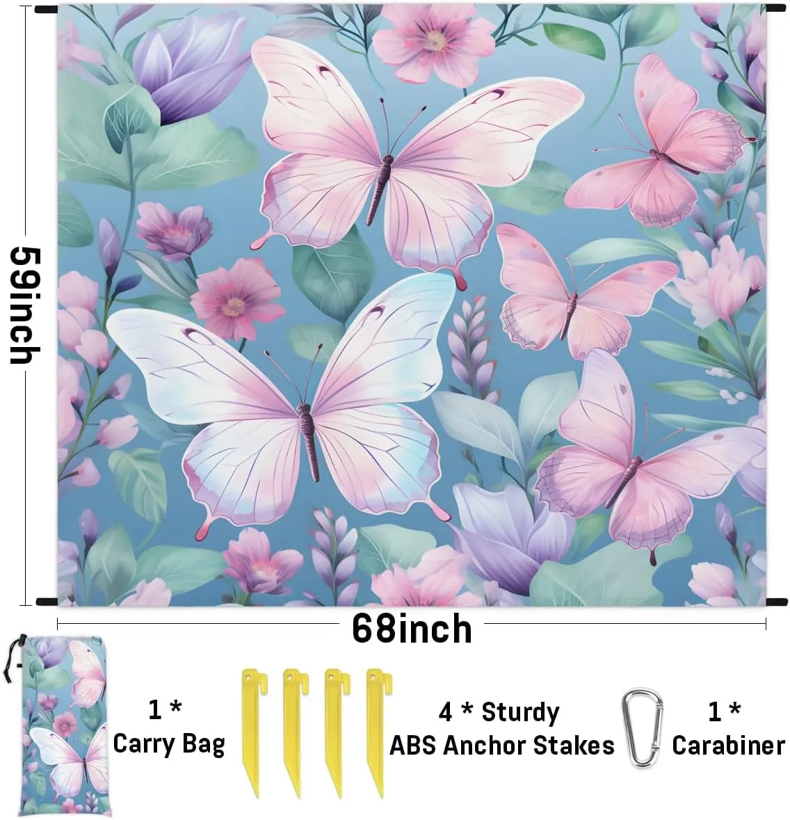 Butterfly Beach Blanket, Sandproof Beach Mat, 68 x 59 Waterproof Quick Drying Sand Free Mat with 4 x Ground Spikes for Outdoor Travel Camping Hiking, Wild Flowers