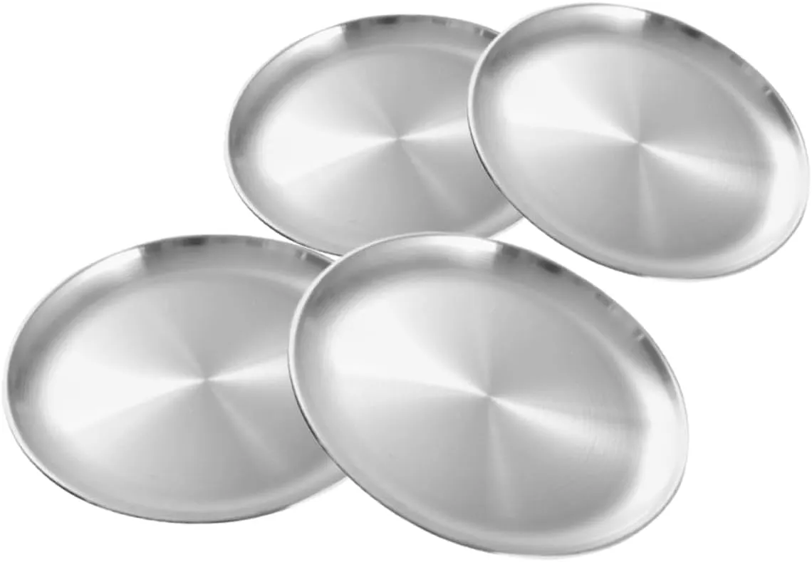 Cabilock Elegant Stainless Steel Dinner Plates Set 4pcs Round Metal Plates Bbq Serving Tray Camping Dishes Chips and Dip Serving Dish