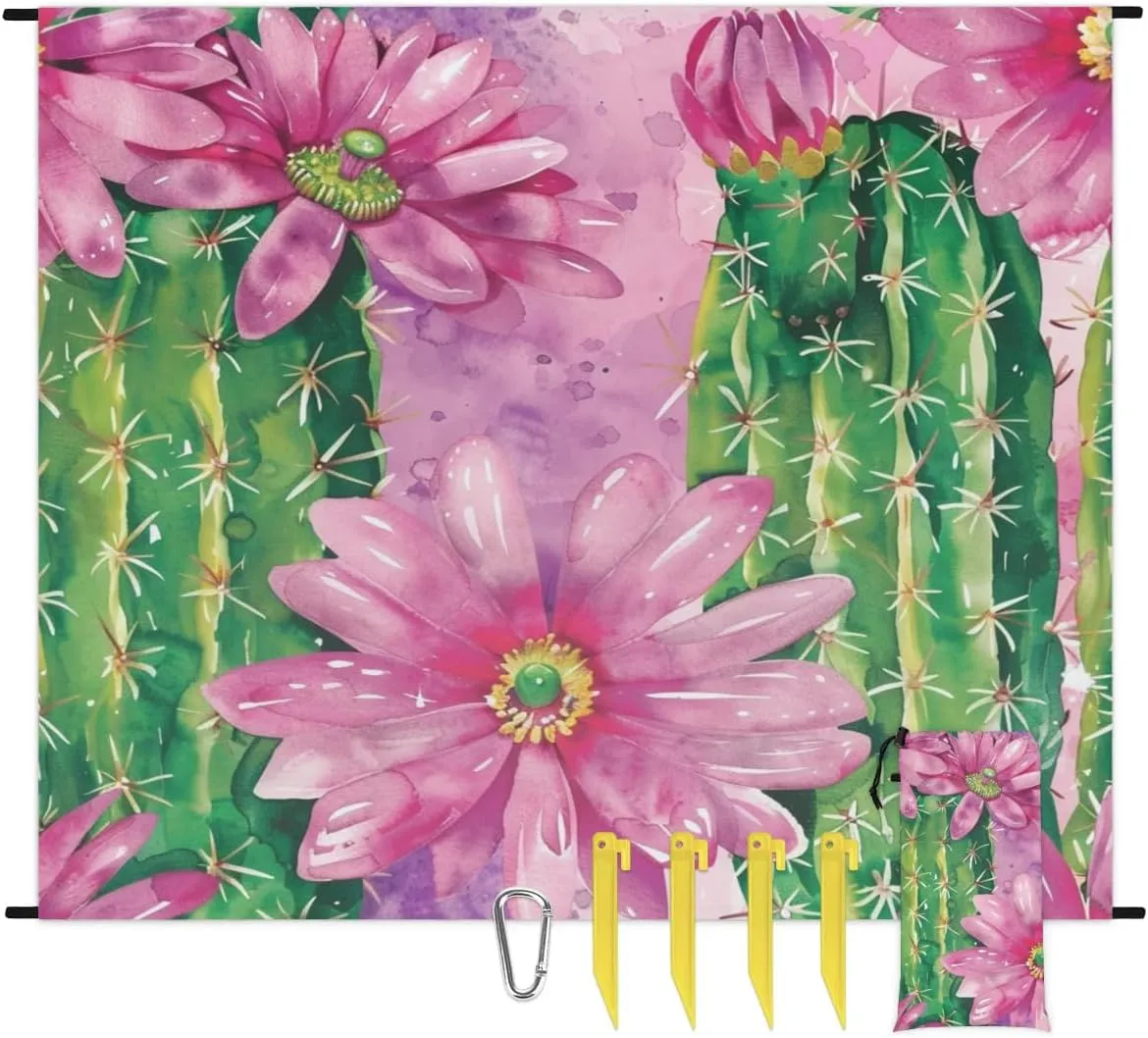 Cactus Beach Blanket, Sandproof Beach Mat, Adults Waterproof Quick Drying Sand Free Mat with 4 x Ground Spikes for Outdoor Travel Camping Hiking, Cactus Flower