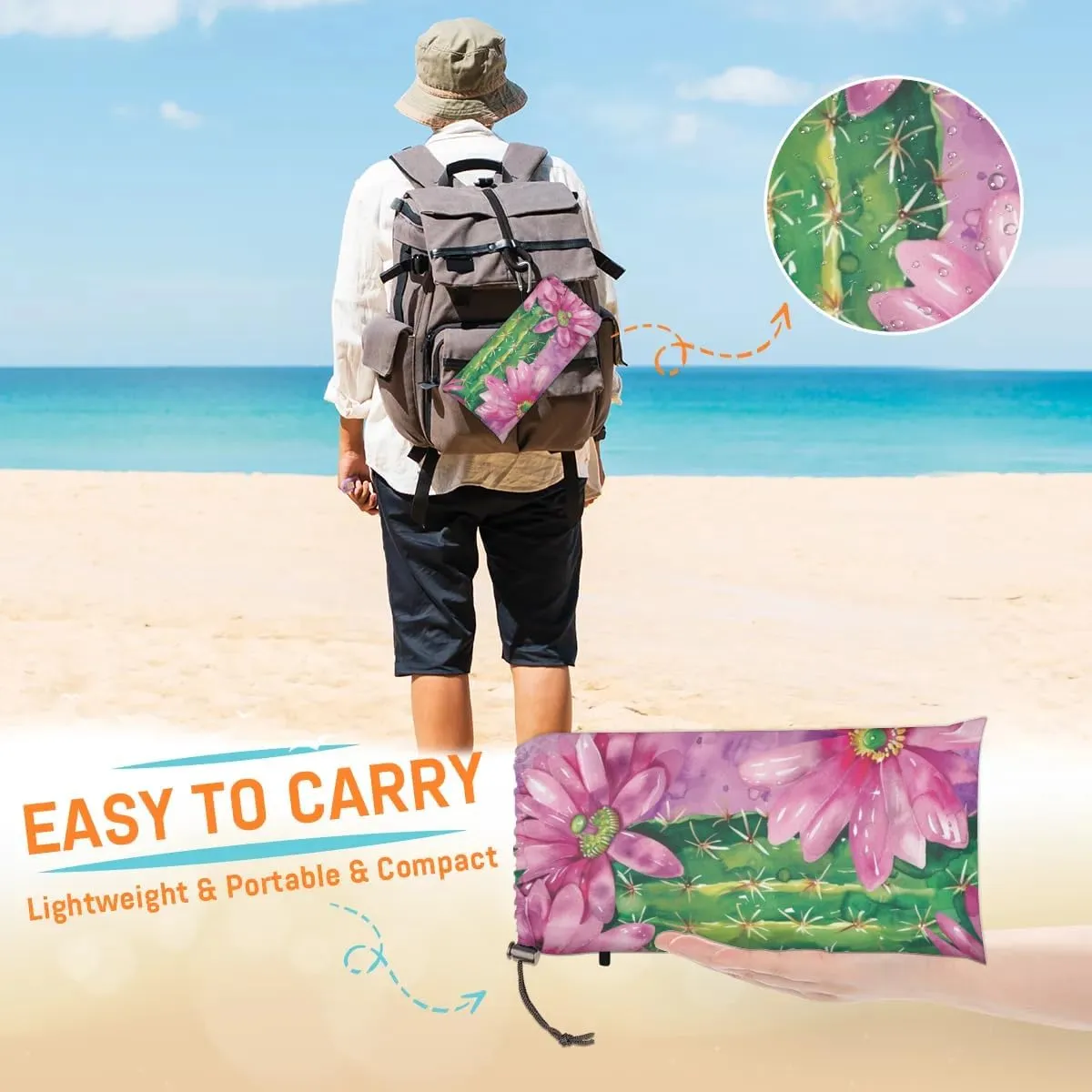 Cactus Beach Blanket, Sandproof Beach Mat, Adults Waterproof Quick Drying Sand Free Mat with 4 x Ground Spikes for Outdoor Travel Camping Hiking, Cactus Flower